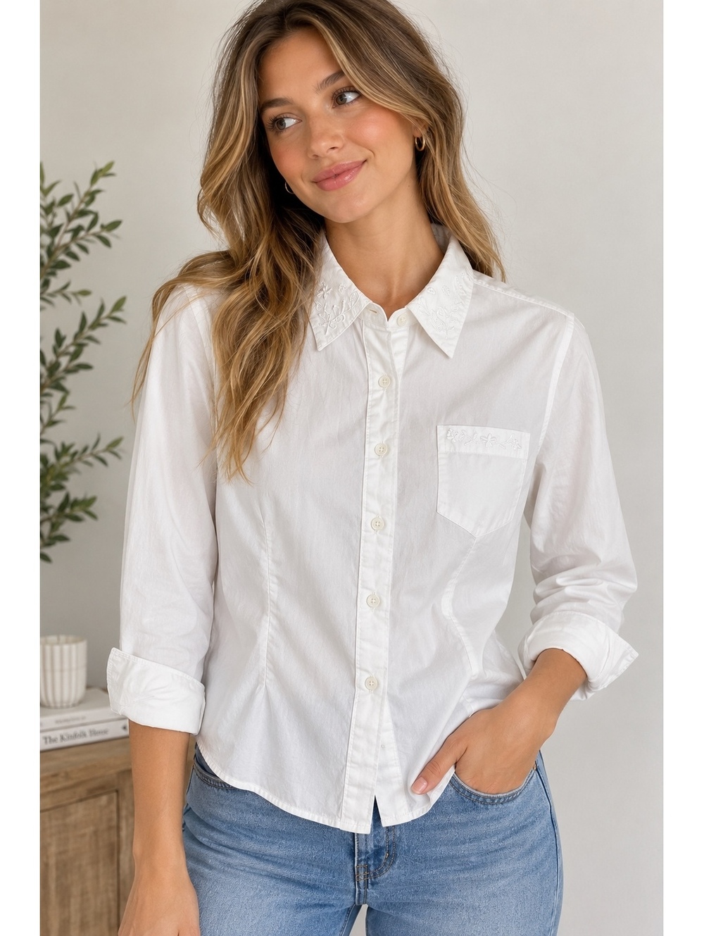 New Look Women's Large White Down Shirt Embroidered Collar Long Sleeve